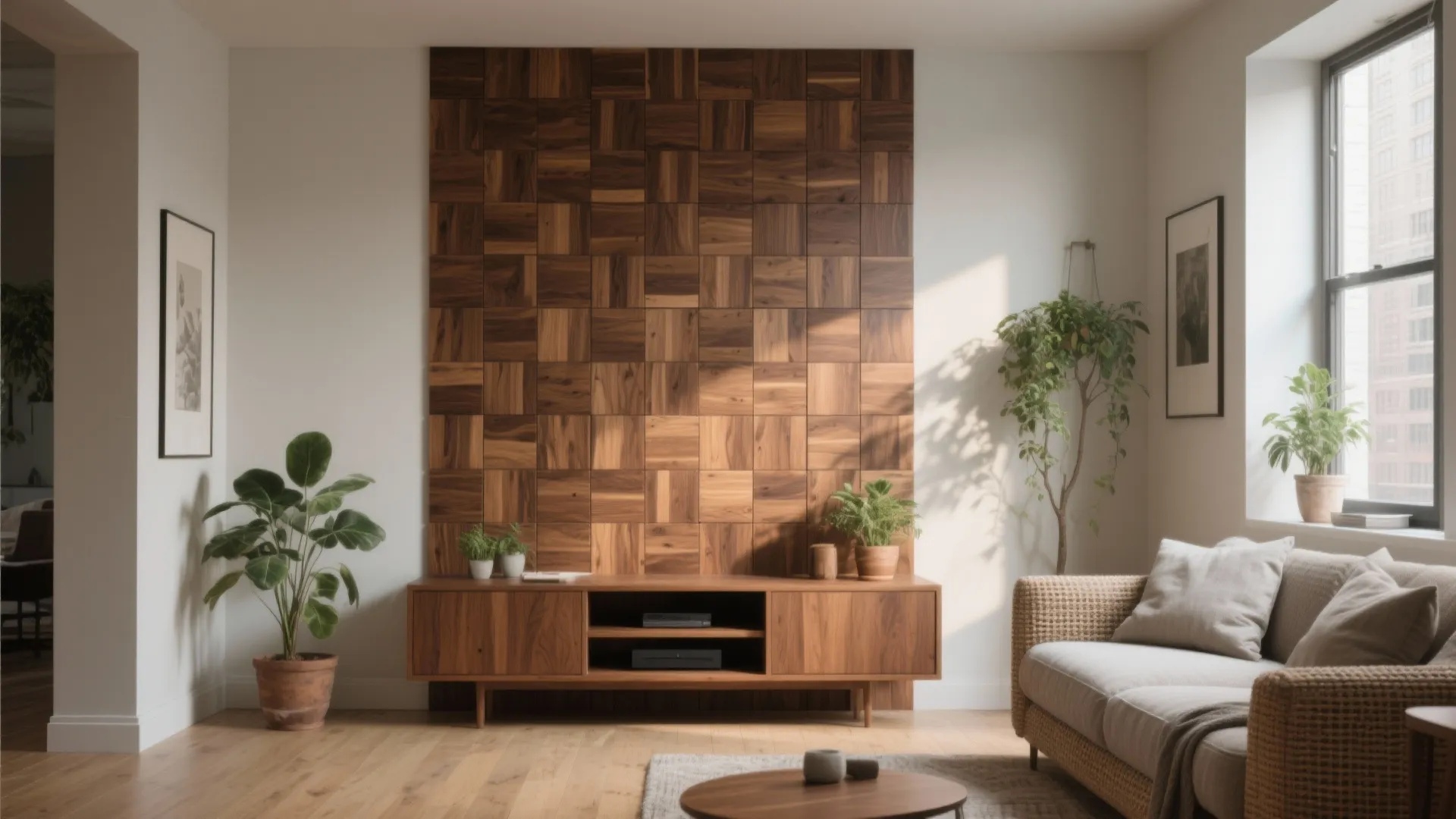 Modern living room featuring a wooden block wall panel behind a cabinet with green plants