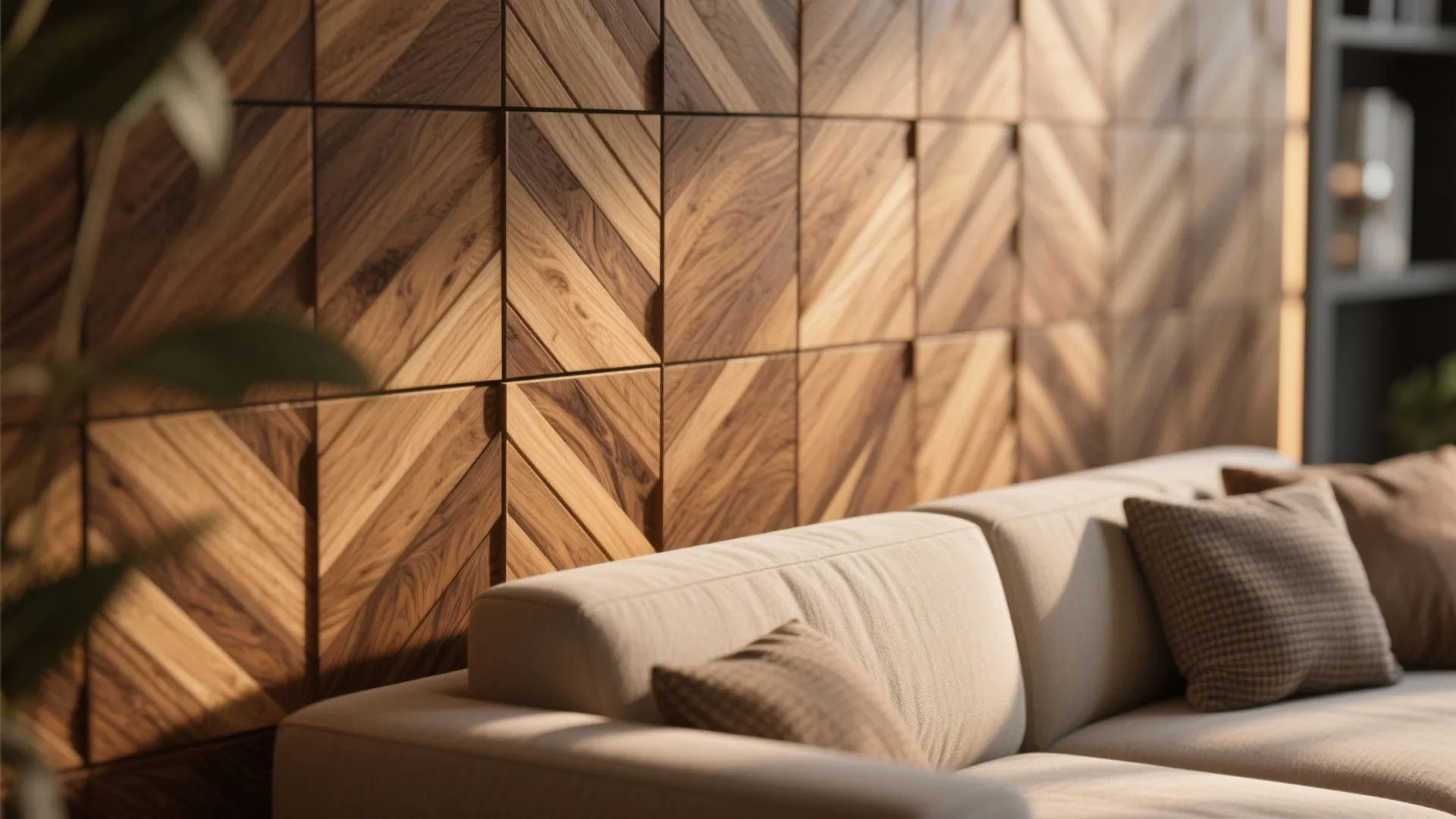 Modern living room featuring a patterned brown wood wall panel behind a beige fabric sofa