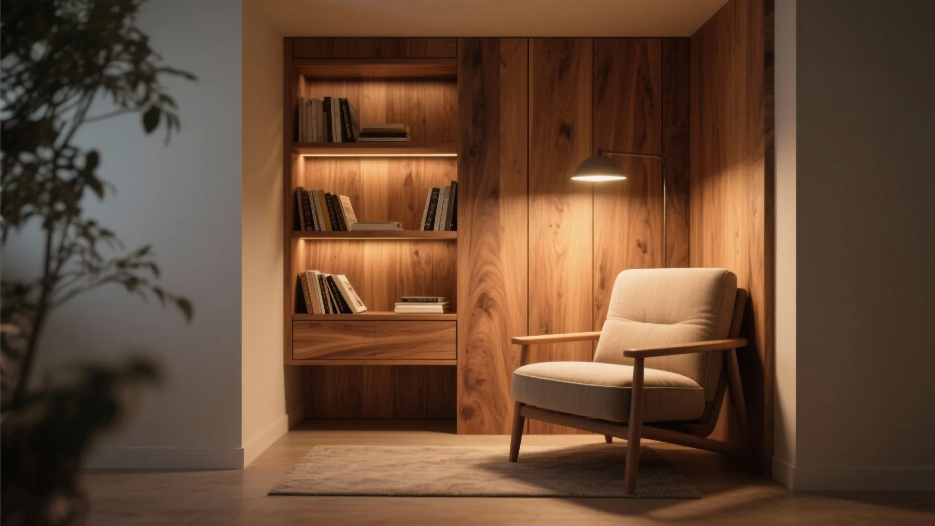 Cozy reading corner with wood wall panels a built in bookshelf warm lighting and comfortable chair