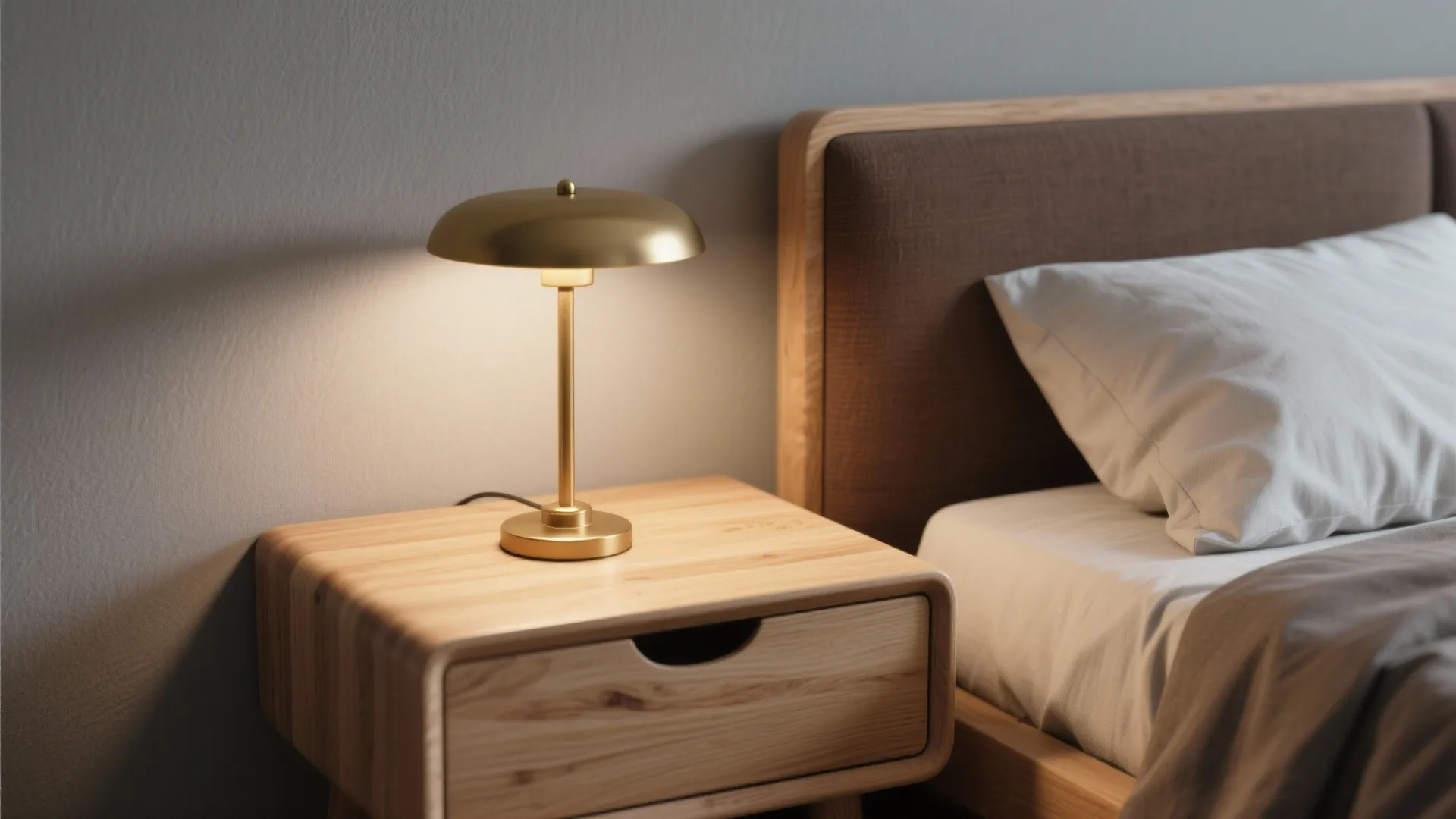 Close up of a gold desk lamp on a wooden nightstand next to a cozy bed