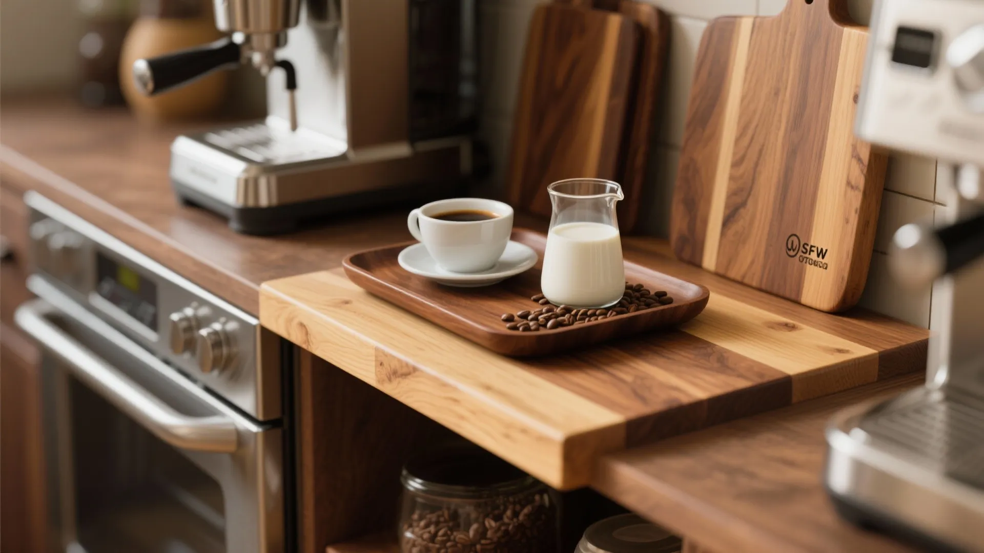 Modern kitchen counter with coffee machine white cup milk jug and wooden cutting boards display
