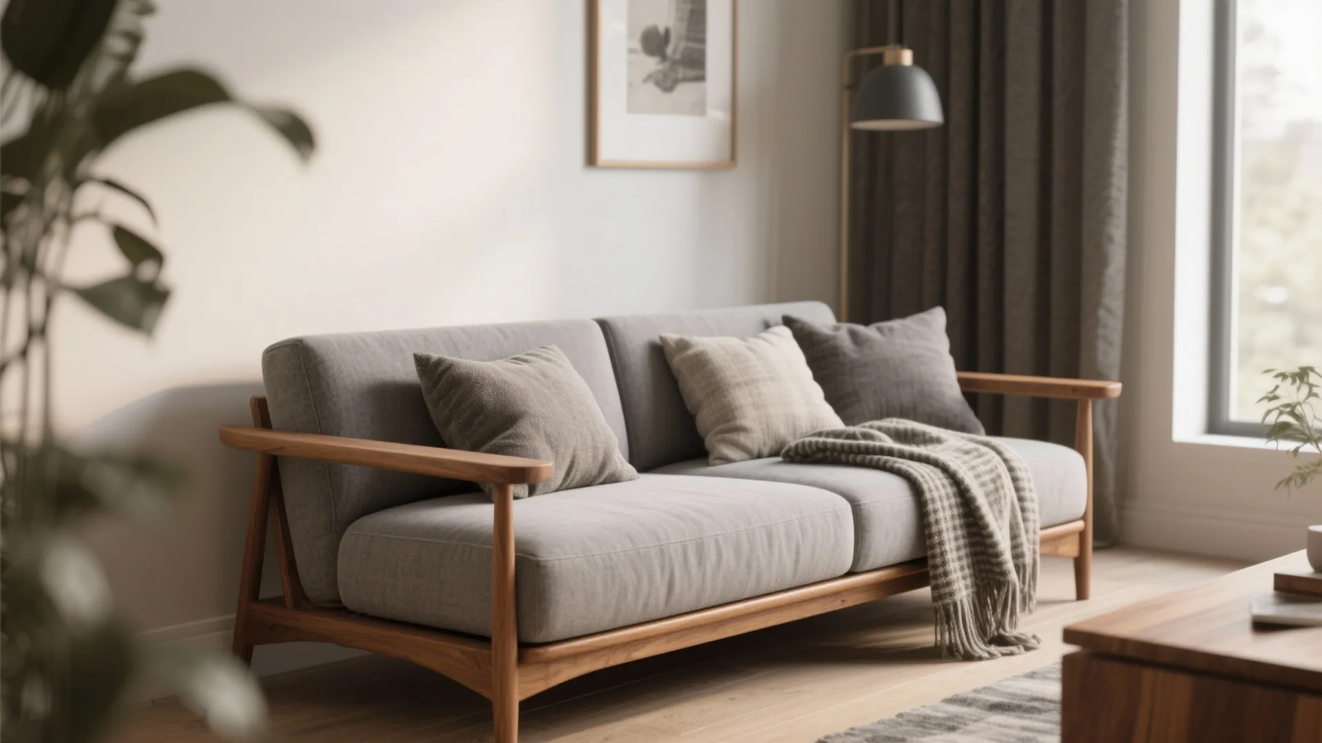3. Grey Upholstery with Wood-Framed Seating