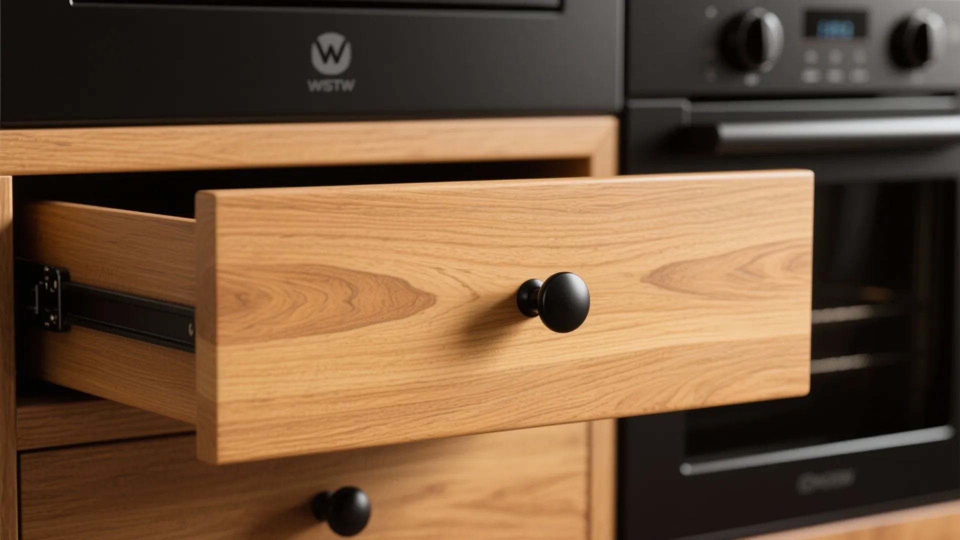 4. Pair Black Knobs with Woodgrain Texture