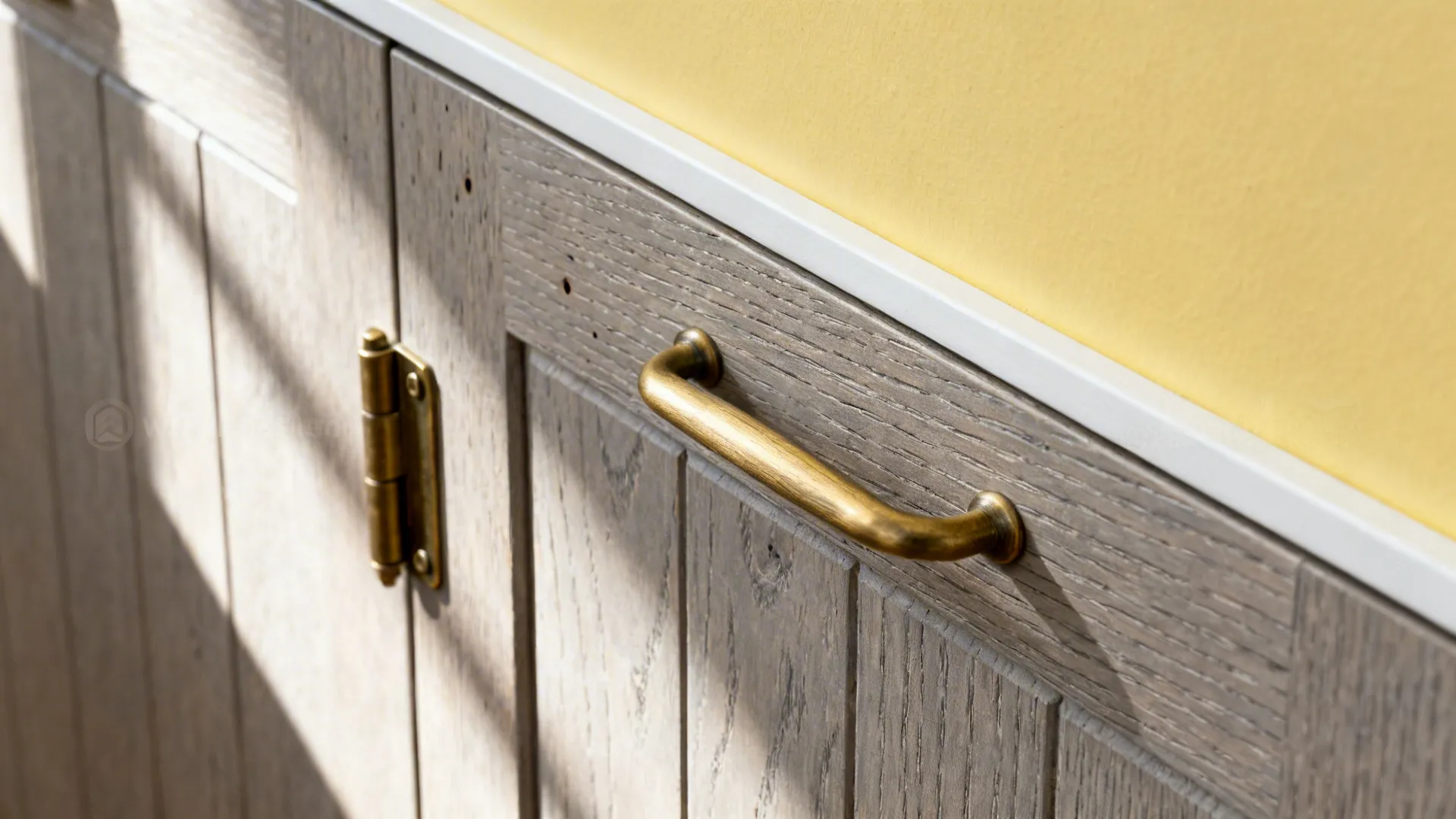 Warm Grey Woodgrain + Brass, with Soft Butter Walls