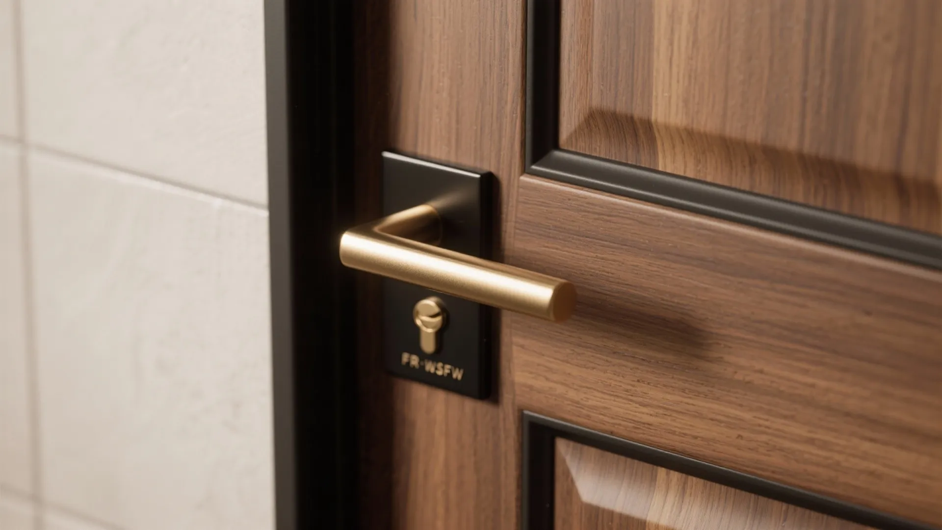 Close up of gold door handle on dark wood door with black frame and white tiles