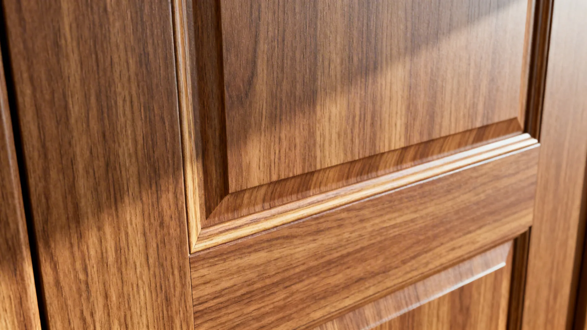 Close up view of brown wood grain texture on a classic indoor room door surface