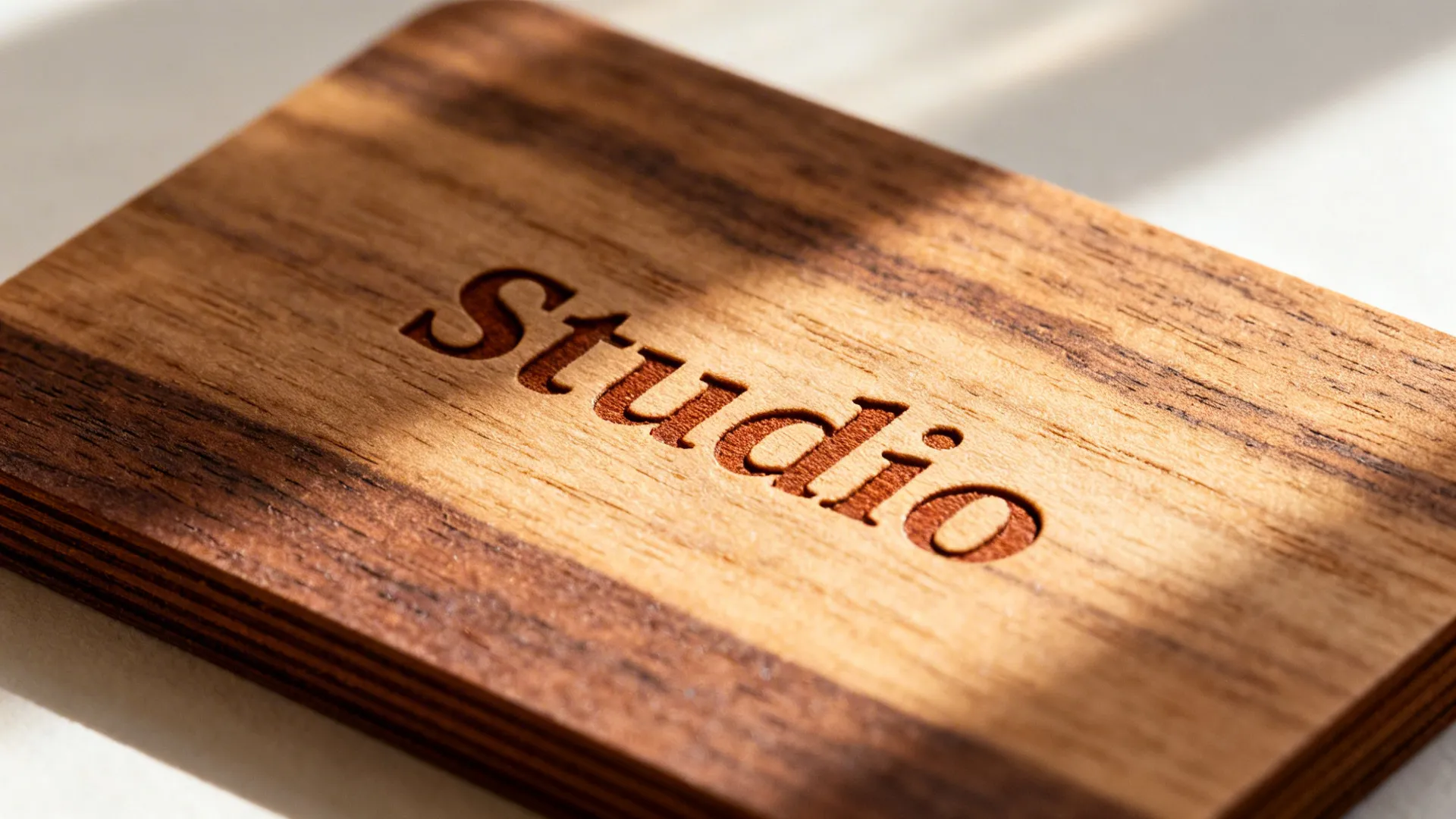 Close up view of natural wood business card with word studio engraved on grain surface