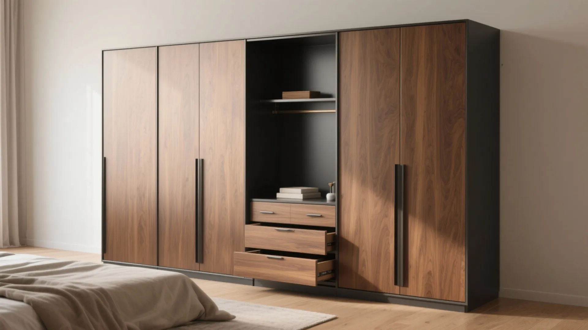 Large wooden cabinet with open drawers and black handles placed in a modern bright bedroom