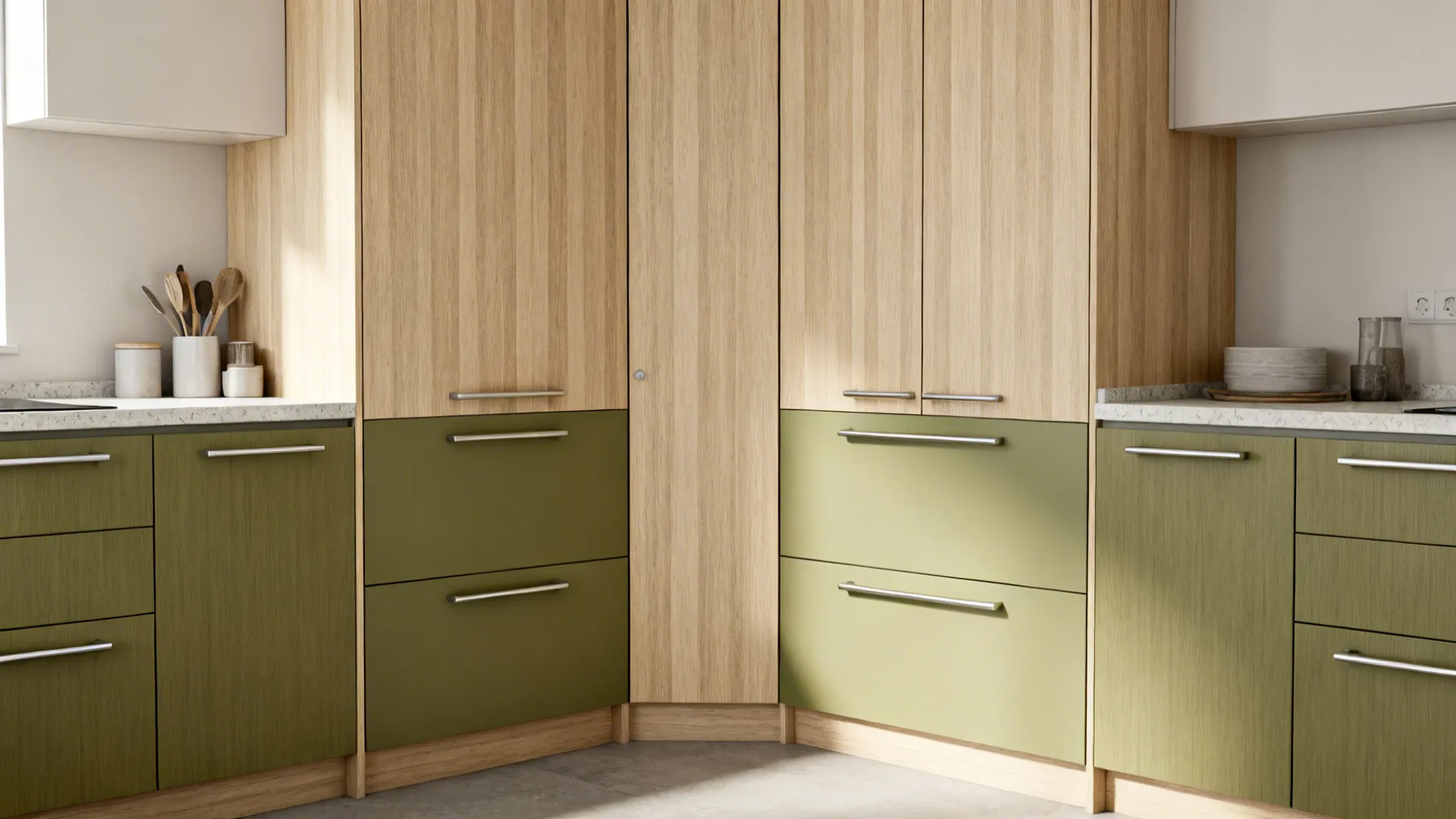 Linear pale oak-look tall units with eucalyptus green drawers in a compact L-shaped kitchen.