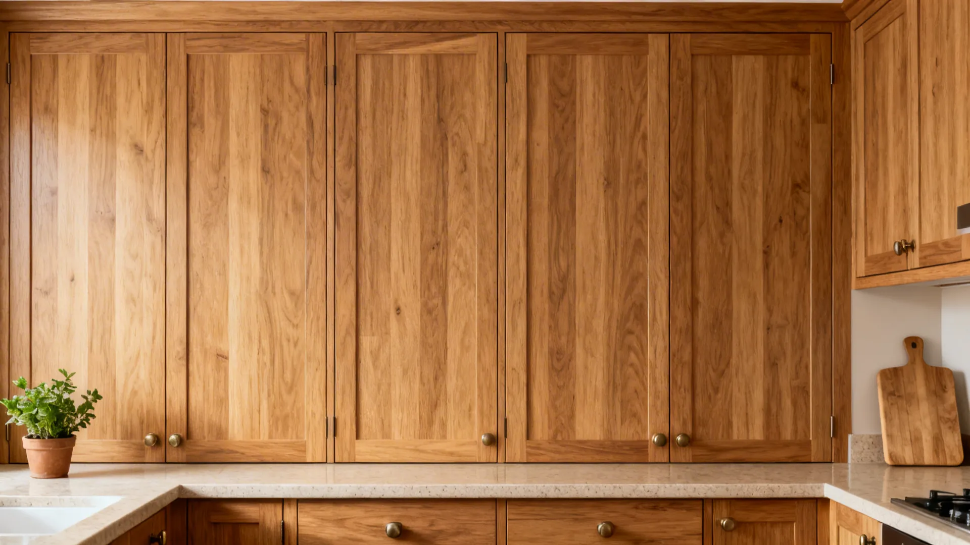 Light brown wood grain kitchen cabinets with gold knobs above a white marble countertop surface