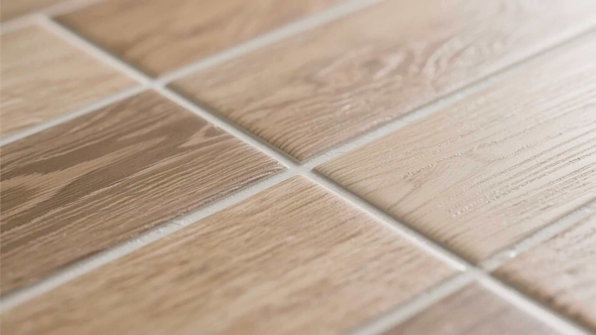 Close up shot of light brown wood texture floor tiles with white grout lines in sunlight