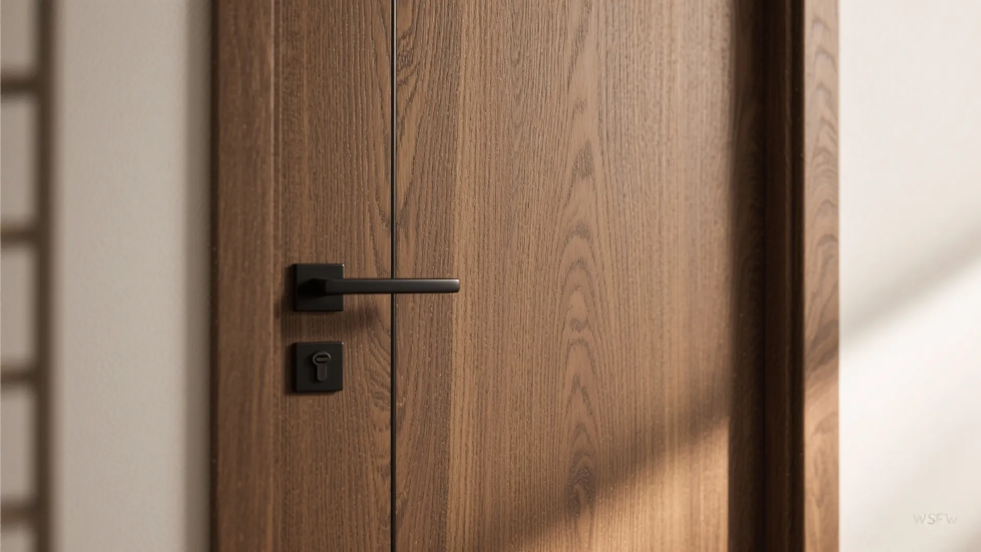 Close up of a brown wooden door with a modern black handle and a square keyhole