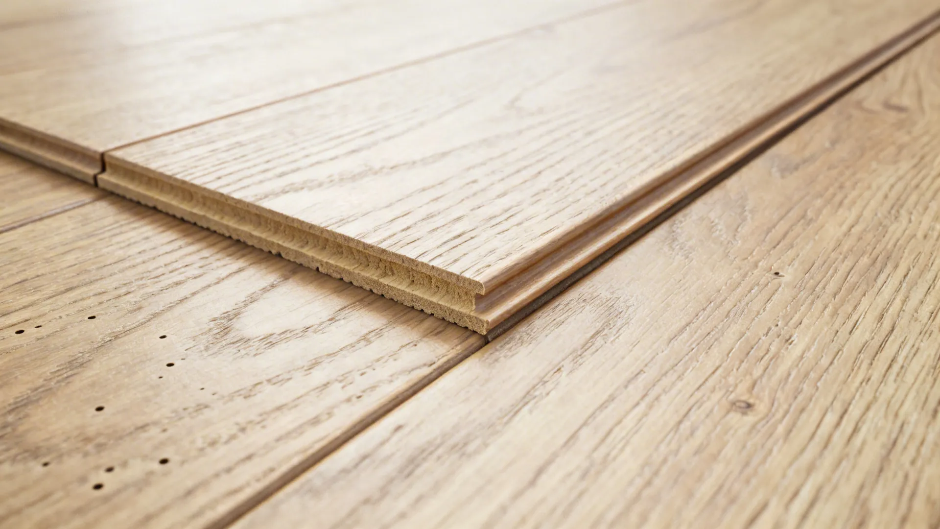 Macro of embossed pale oak PVC panel with realistic grain and tight seam.