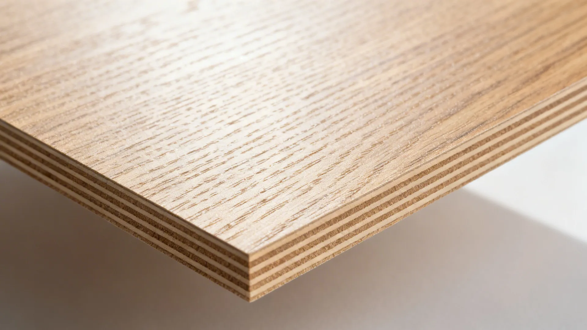 Close up of a layered wood panel corner showing light brown grain texture on surface