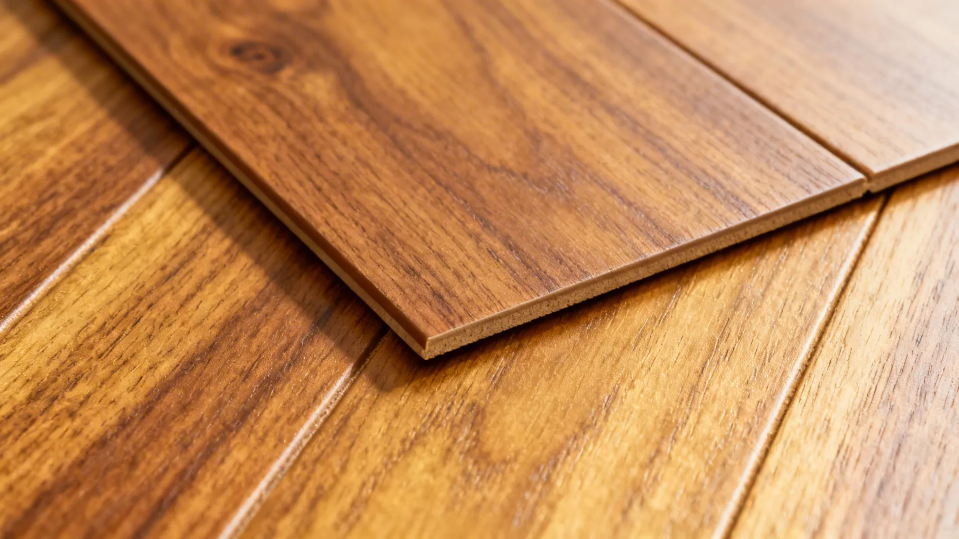 Macro detail of warm wood-look PVC with natural grain and matte finish.