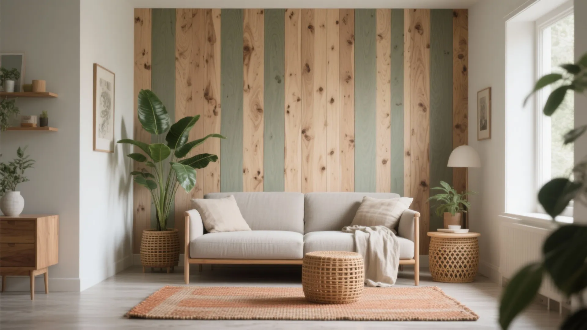 Cozy living room with wooden wall panels beige sofa orange rug footrest and indoor plant