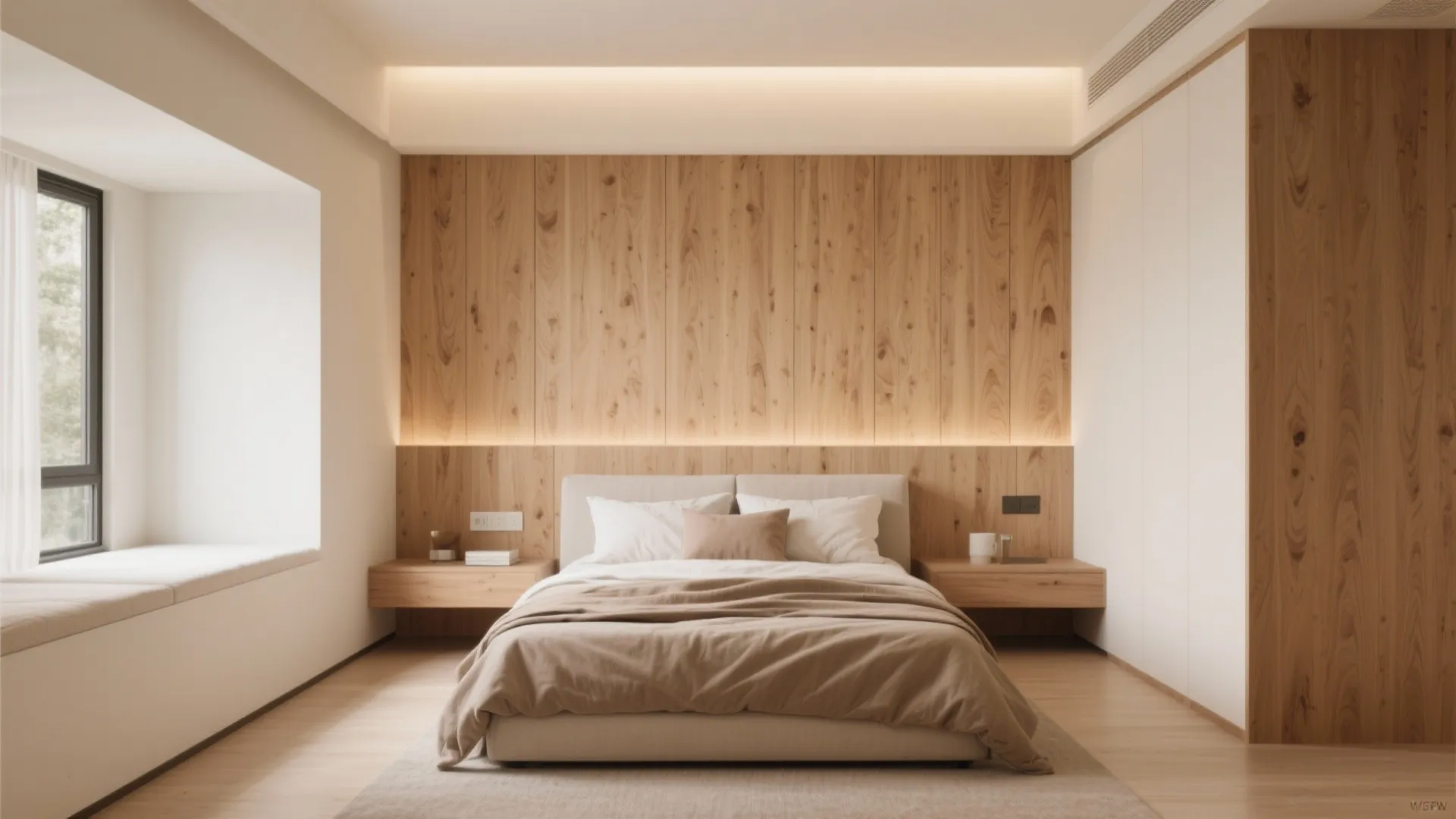 Modern bedroom with wood wall panel behind a beige bed and warm lighting from hidden fixtures