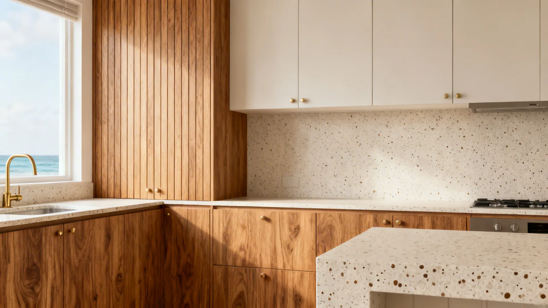 Warm kitchen with rift-oak wood-grain PVC lowers and light matte uppers in soft daylight.