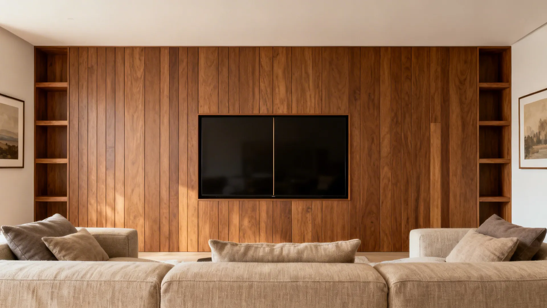 Warm woodgrain PVC media wall with mixed plank widths and aligned seams.