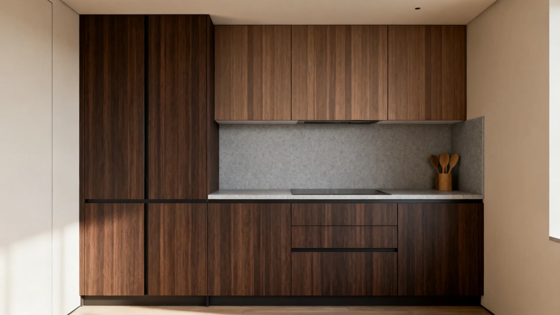 4) Wood-Grain Sunmica with Stone-Look Countertops