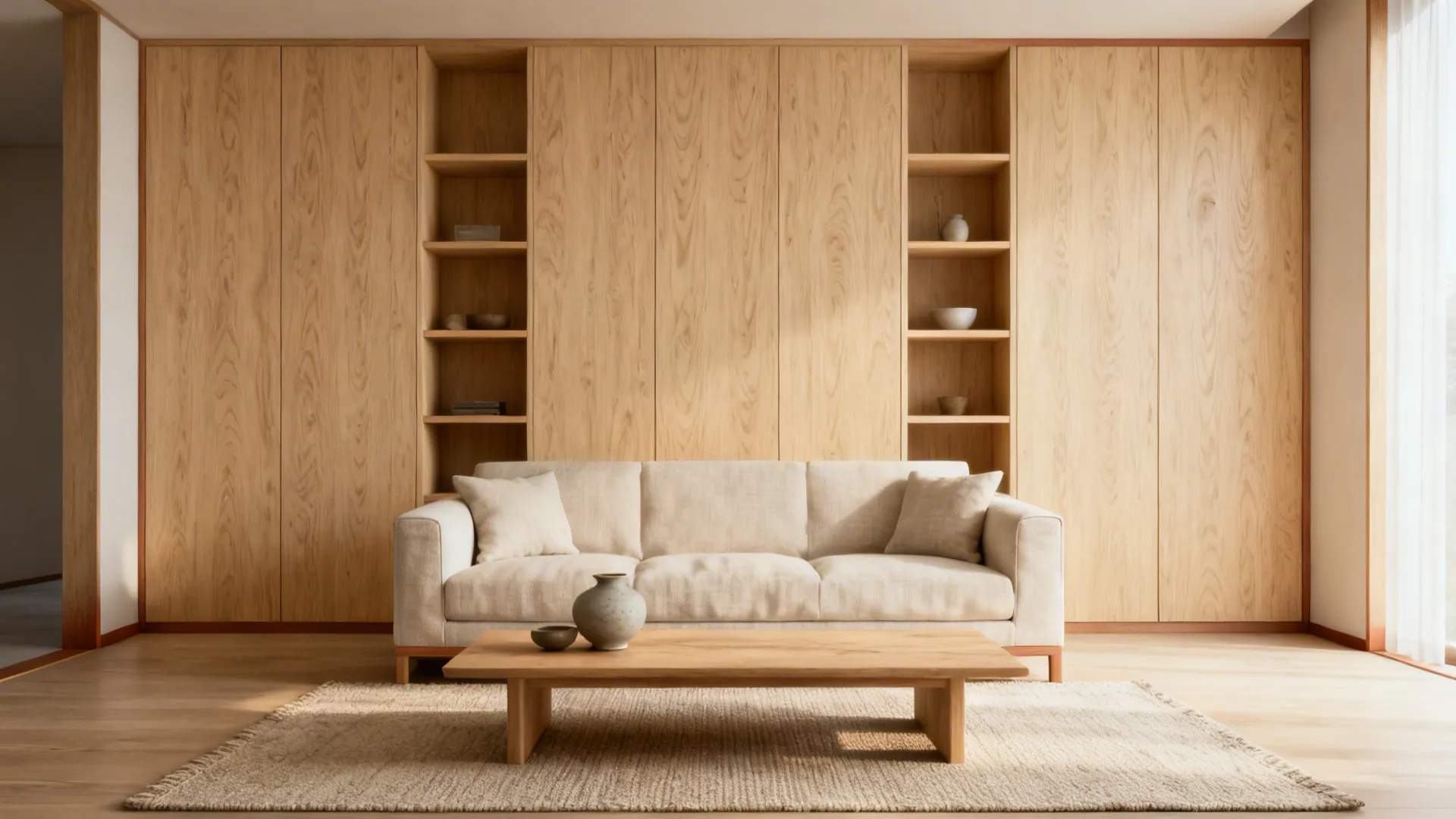 Calm Scandi living room with pale oak PVC panels behind open shelves.
