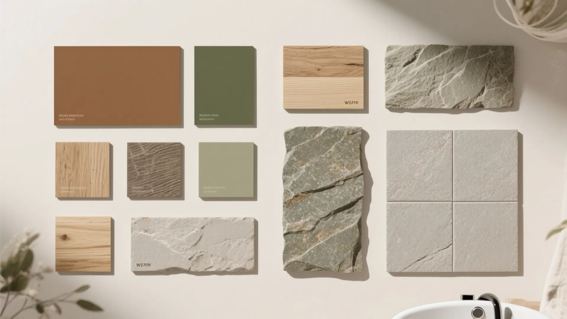 Interior design material board featuring wood samples stone tiles green color palettes and natural wall finishes