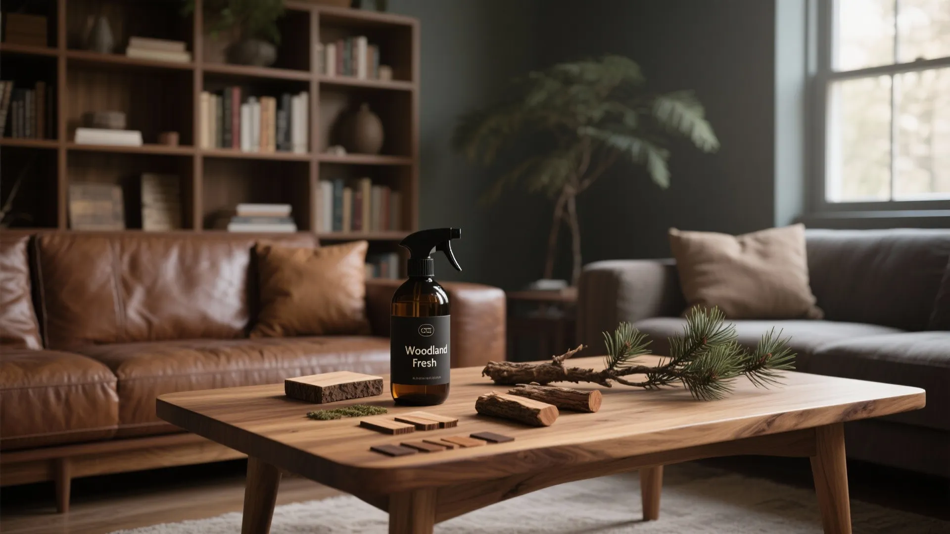 Wood coffee table with spray bottle and pine branch in a living room with bookshelves