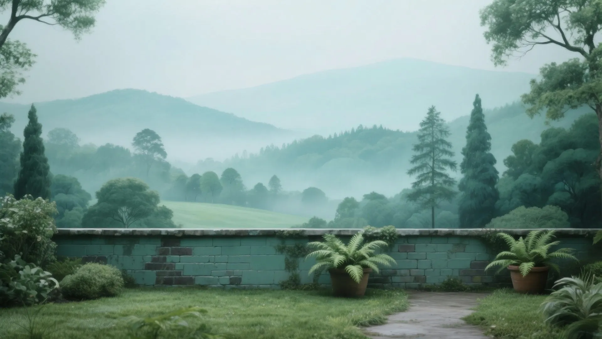 Garden wall painted with layered trees and distant hills in muted greens and blues, creating painted depth.