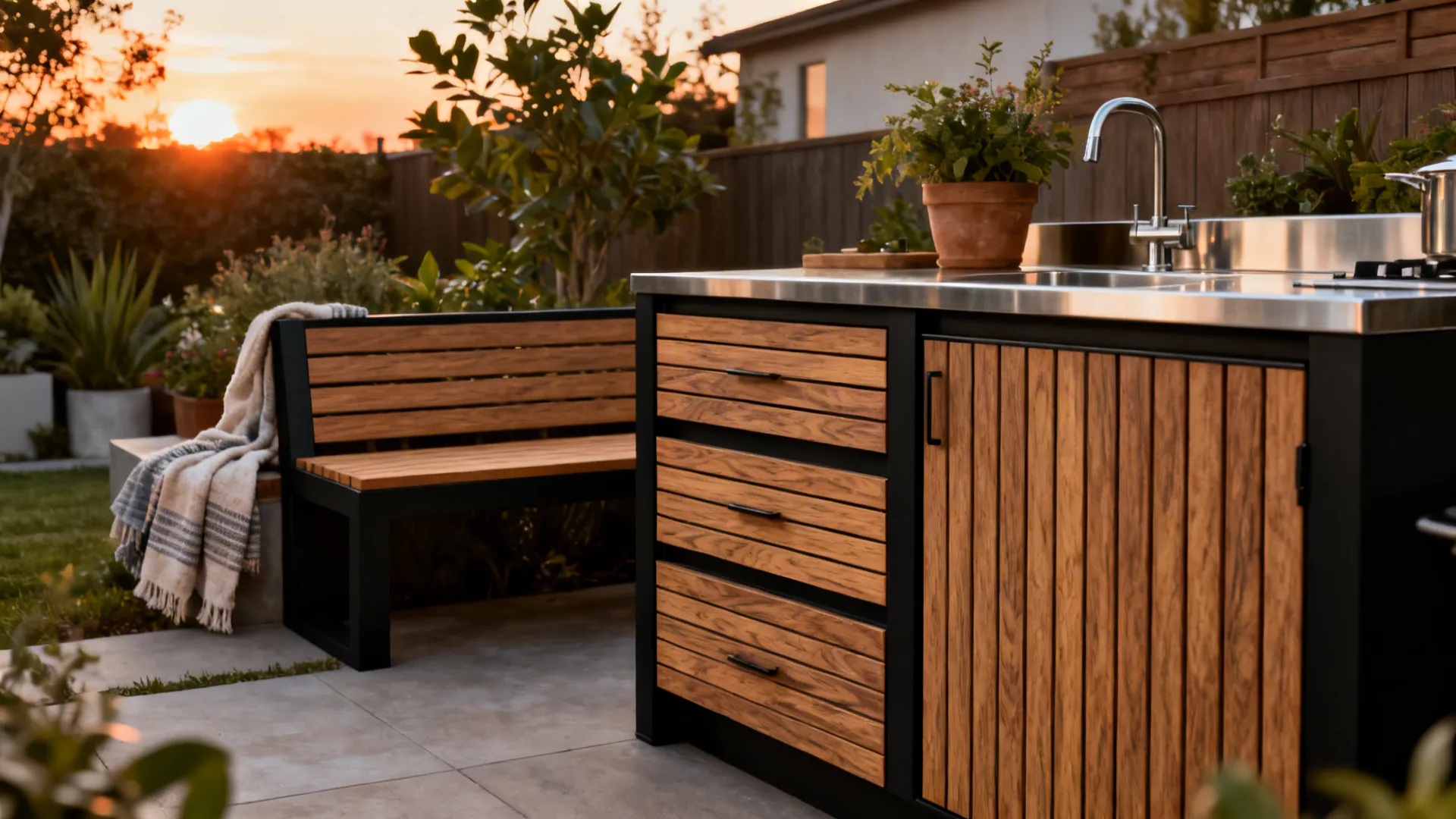Outdoor kitchen with composite wood-look slat fronts and matching bench in a courtyard.