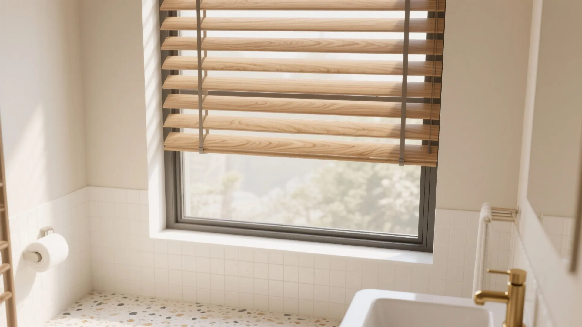 Wood-look aluminum window grill in mid-tone oak finish in a cozy small bathroom