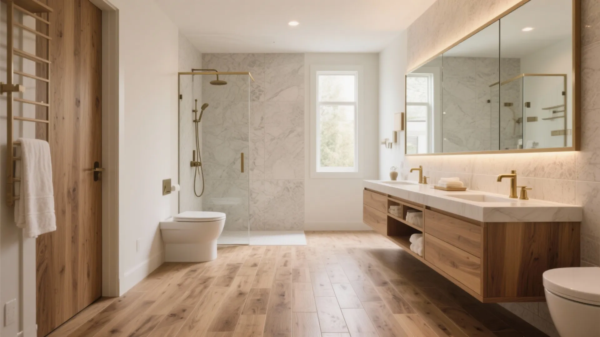 Guest bath with wood-look porcelain flooring and matching mirror trim, contrasted by light stone-look walls for a spa vibe.