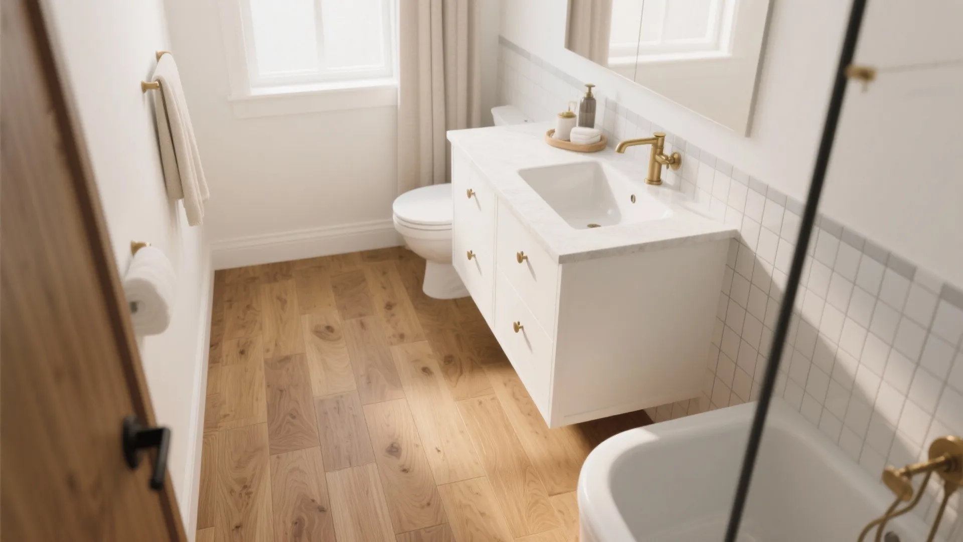 Warm wood-look peel-and-stick planks beyond the splash zone