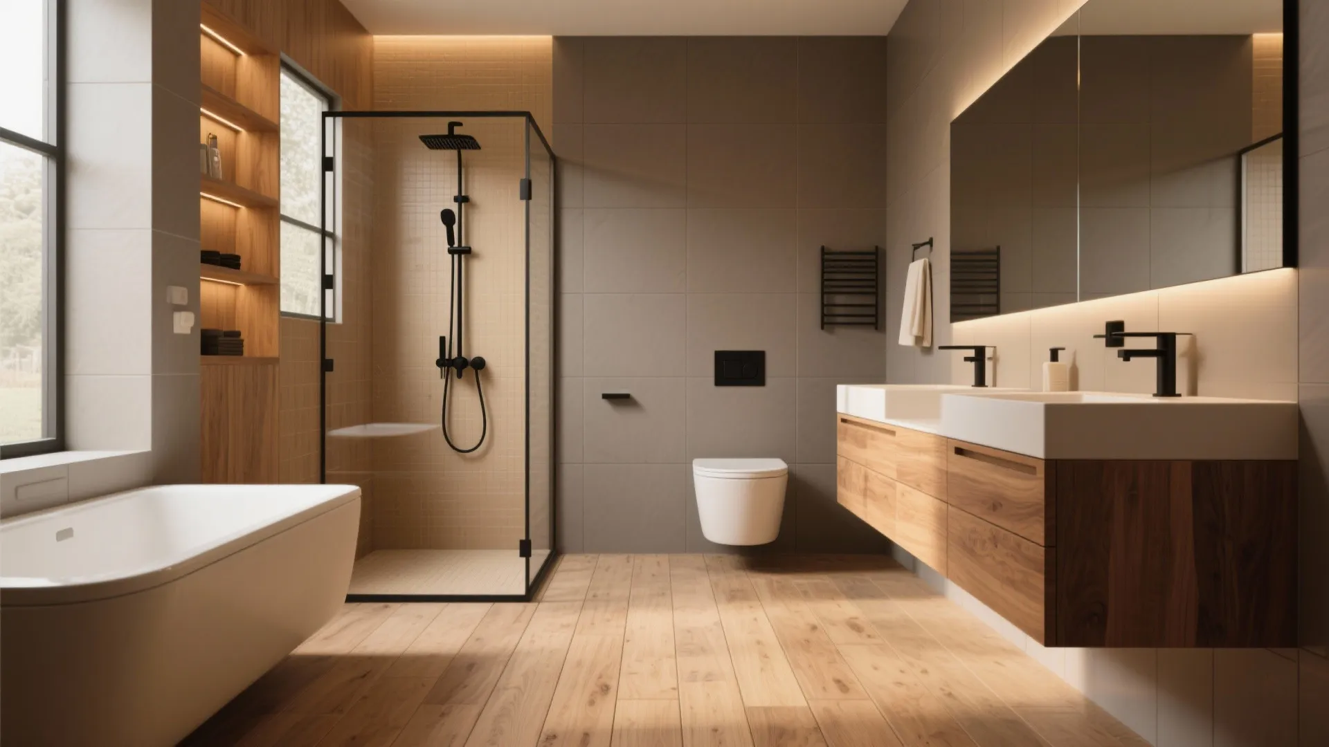 Spacious bathroom with wood flooring bathtub glass shower area wooden cabinet and black faucets with mirror