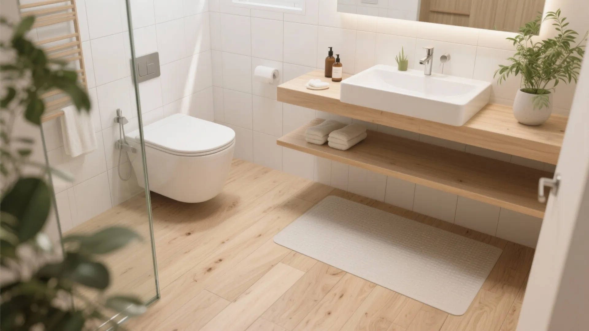 Modern bathroom featuring wood floor white toilet wooden floating vanity sink and bright natural light