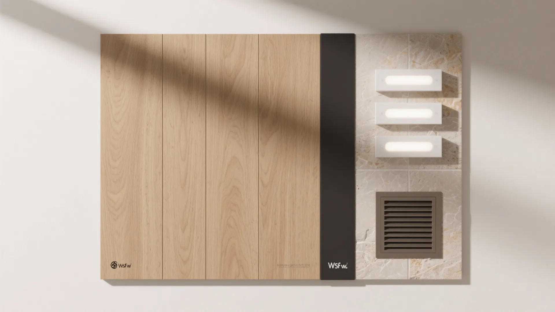 Flat lay of oak-look PVC panel, black trim, stone tile, and LED samples.