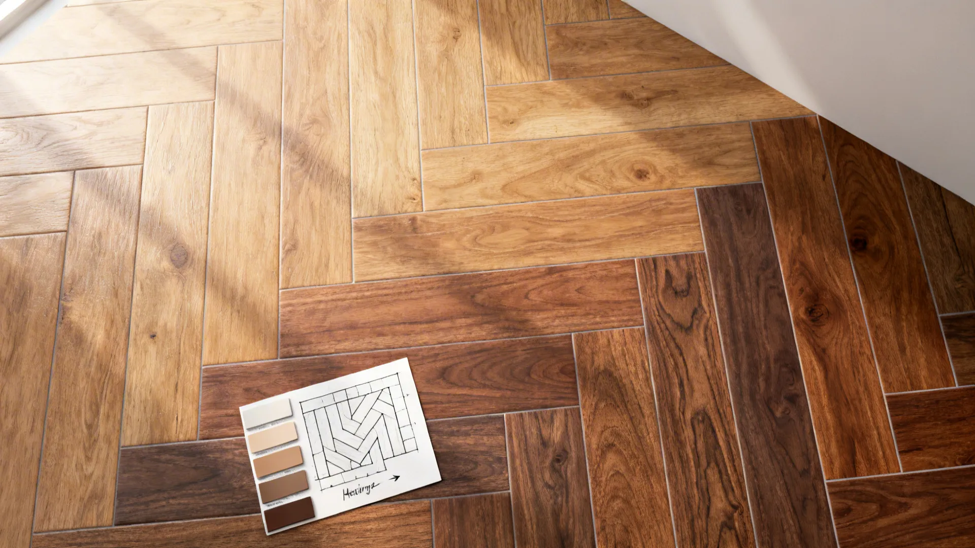 Wood floor tiles in a zig zag pattern with a design drawing and color sample cards