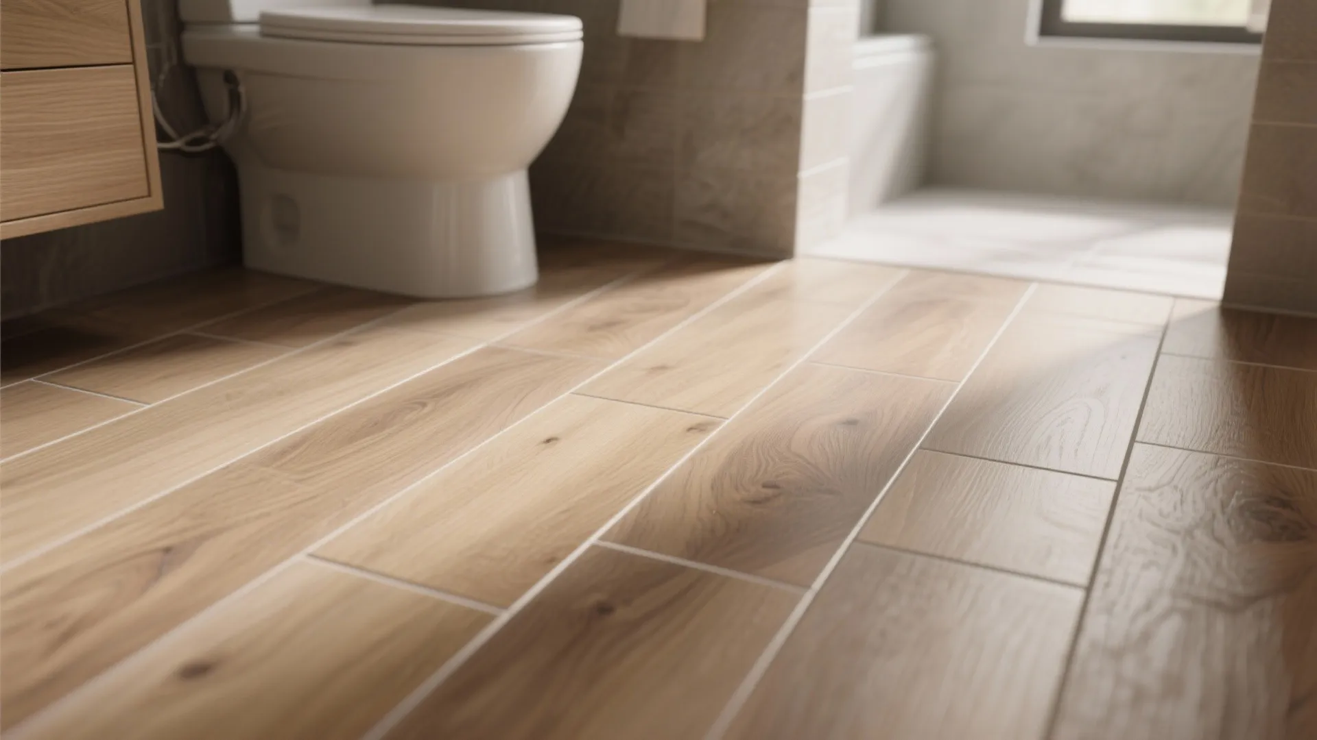 Modern bathroom with wood texture floor tiles, white toilet, wooden cabinet, and soft natural lighting