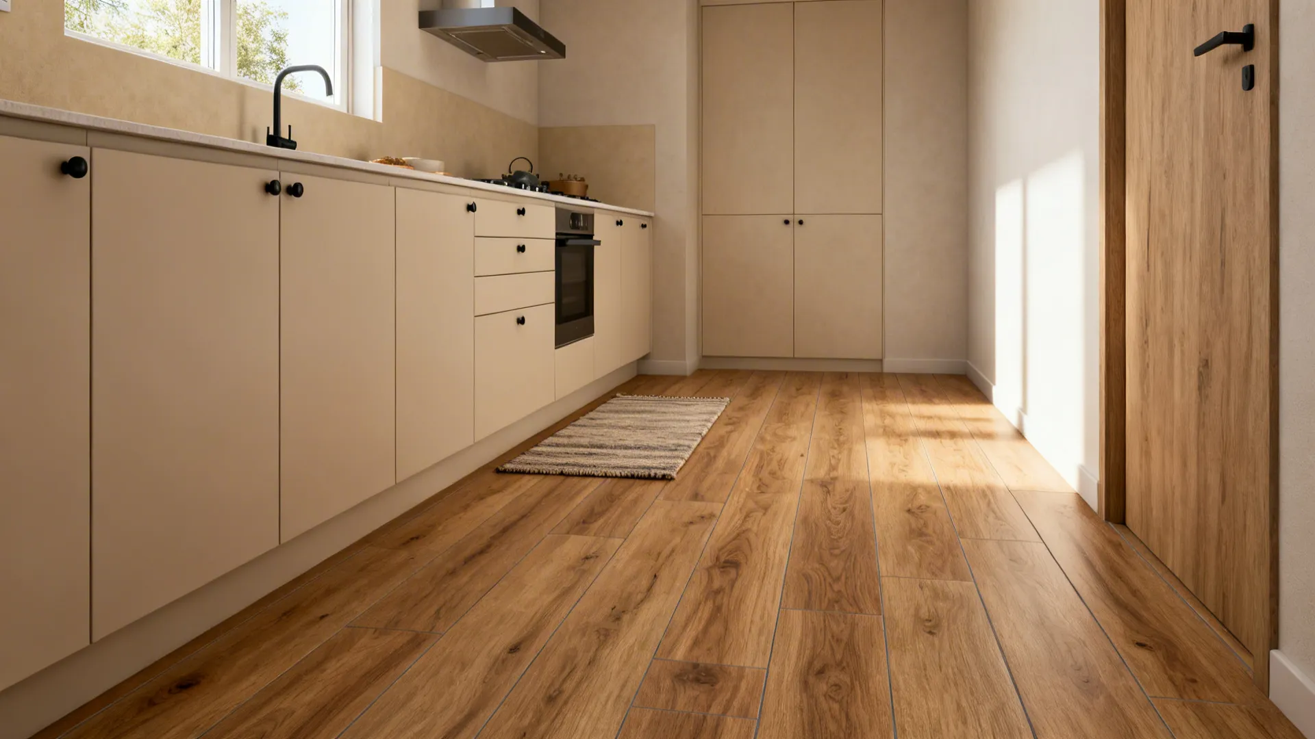 Small kitchen with mid-tone oak wood-look porcelain planks and a beige backsplash.