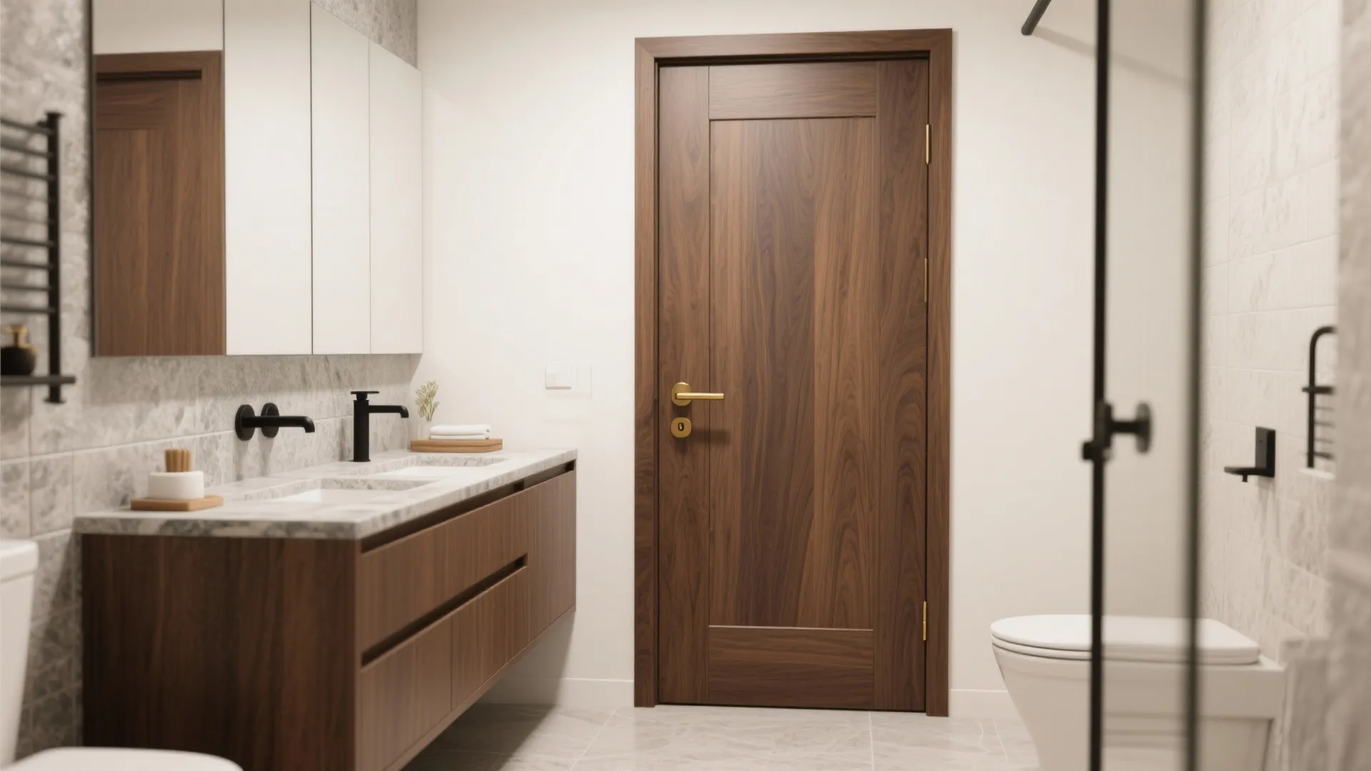 Modern bathroom with dark wood cabinet white double sinks wooden door and white tiled walls