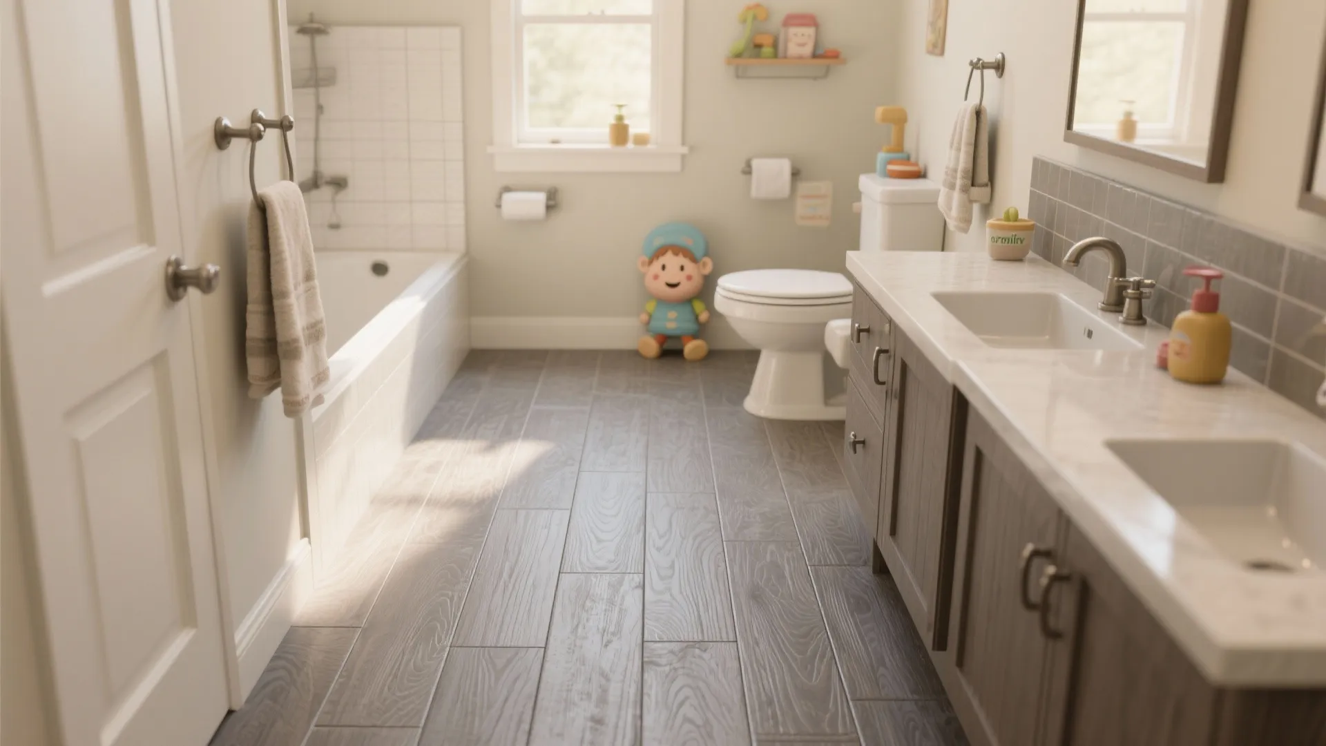 5. Wood-look gray plank tiles for warmth