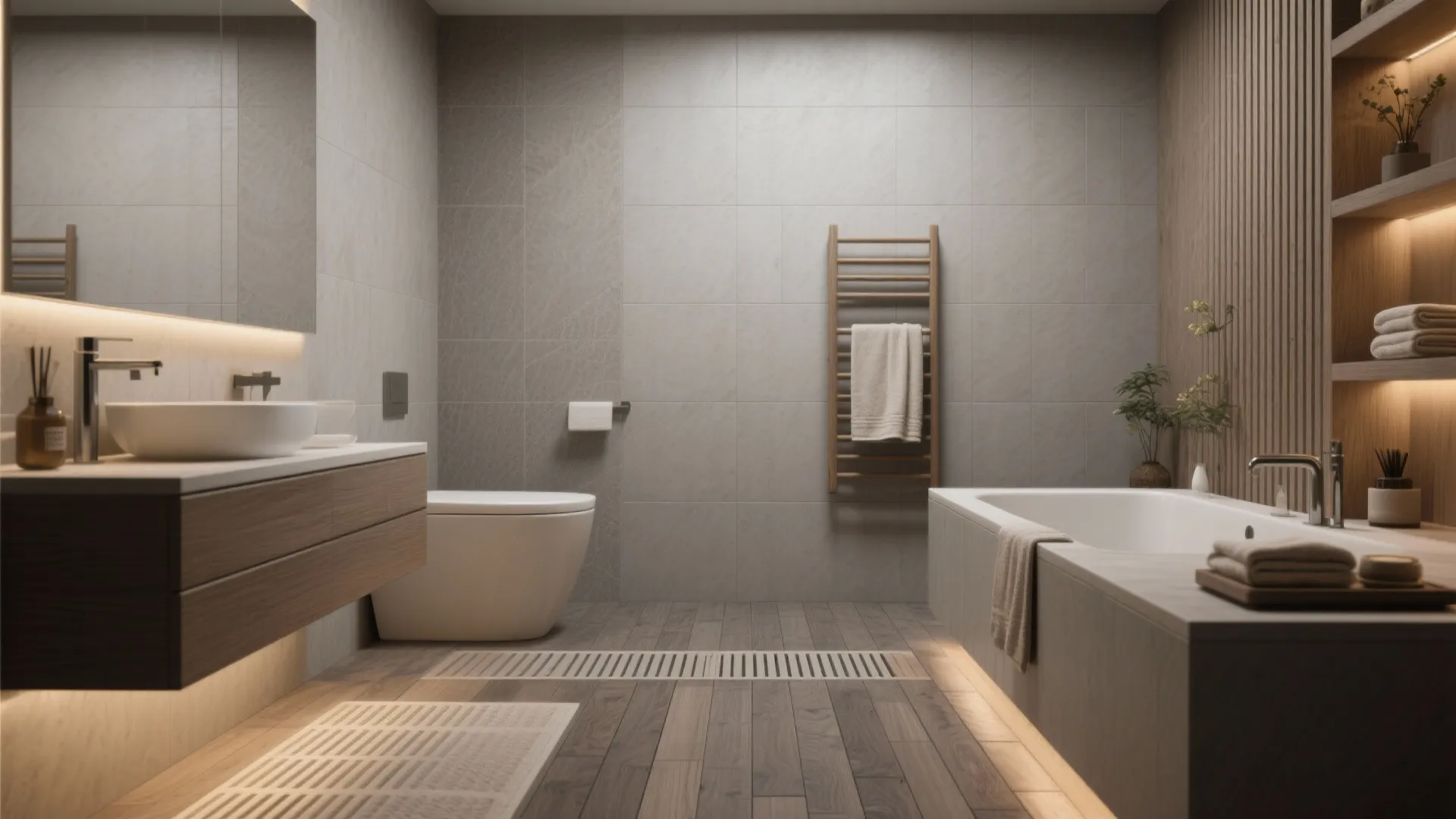 Luxury bathroom with white bathtub wood floor tiles grey wall panels and a wooden vanity