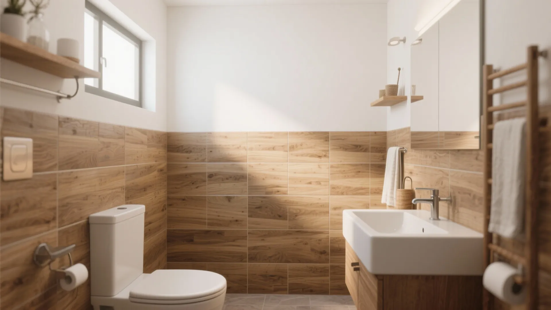 Small bathroom with wood look wall tiles a white toilet cabinet sink and wooden towel rack