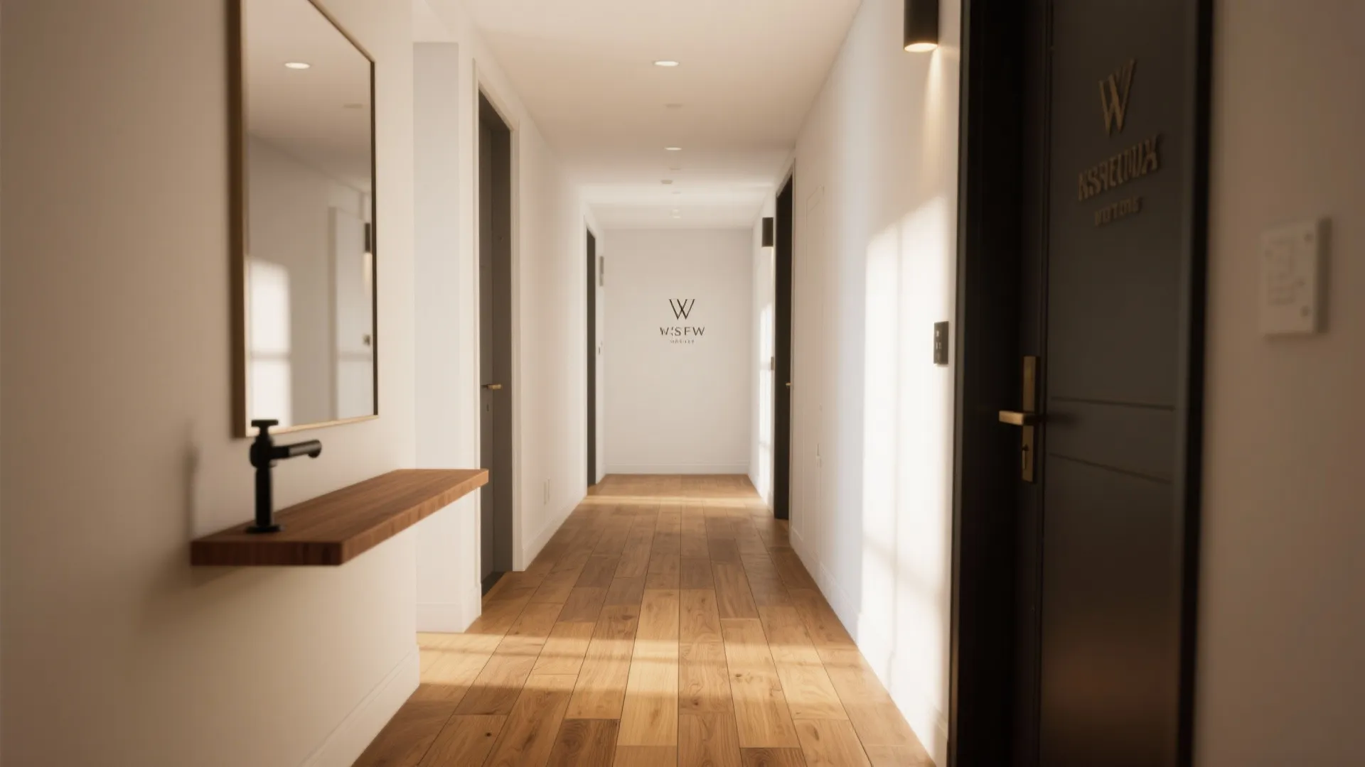 Bright white hallway interior with wooden floor and a small wooden shelf below a square mirror