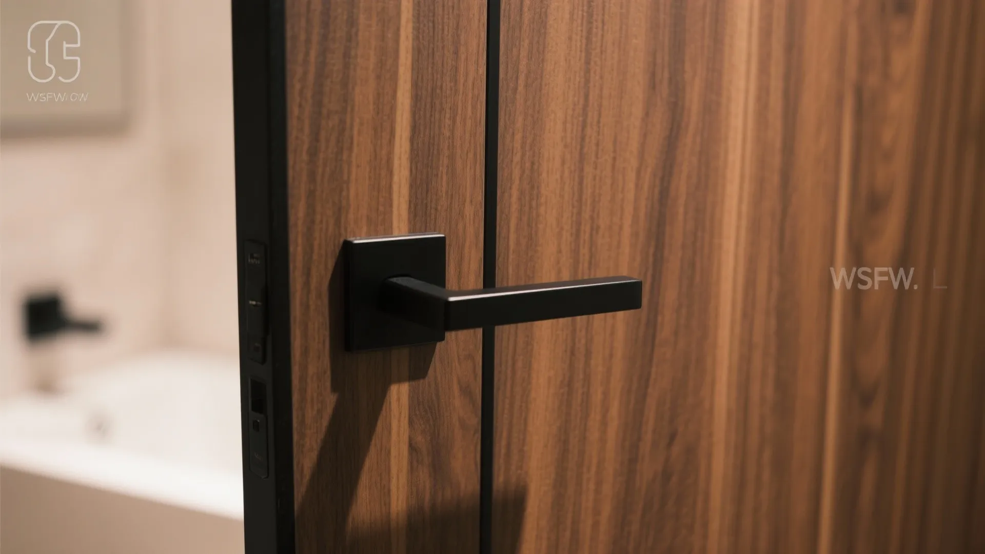 Close up of a brown wood door featuring a modern black handle in a bright room