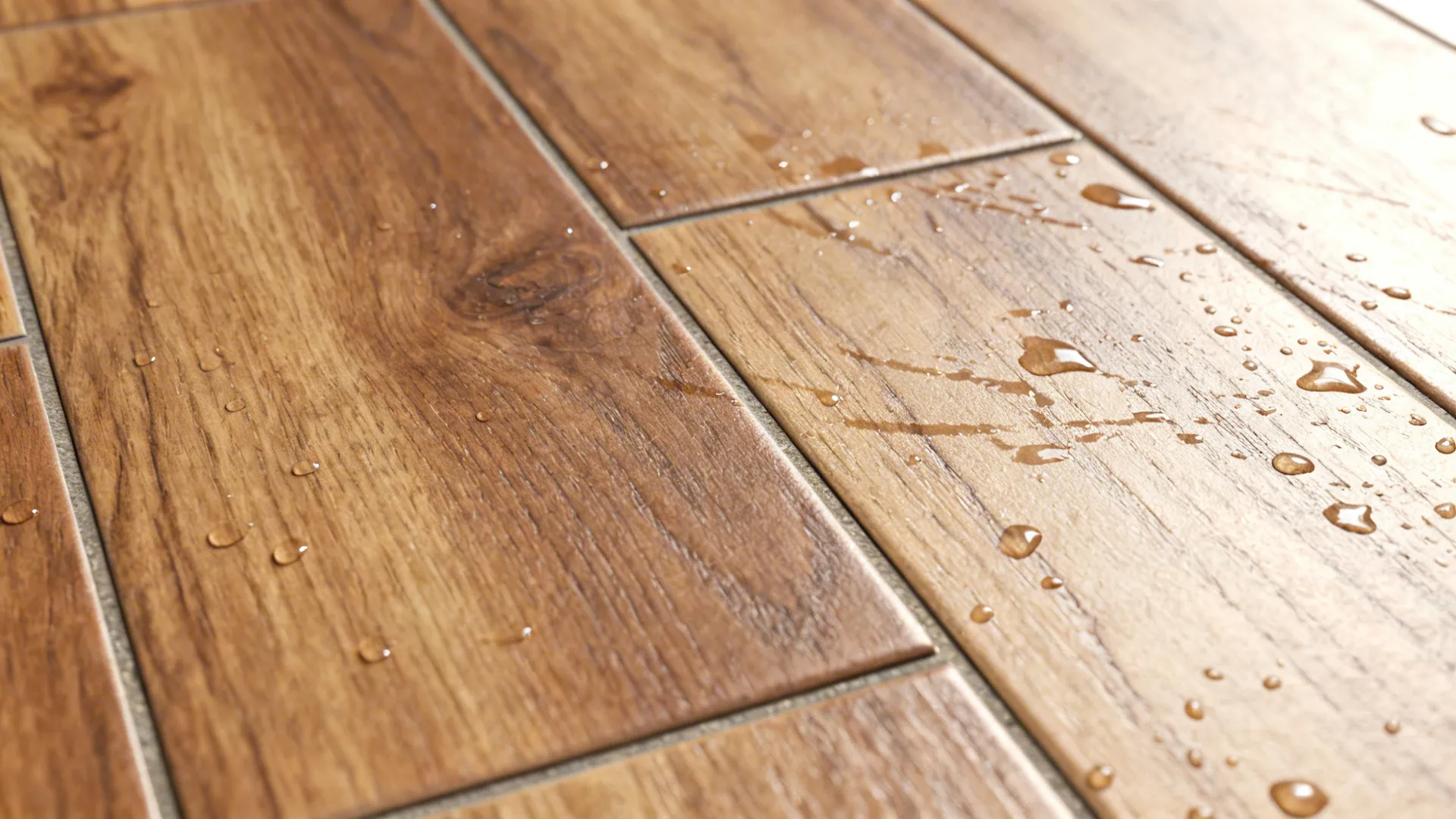 Macro of matte wood-look porcelain with realistic grain and clean grout line.