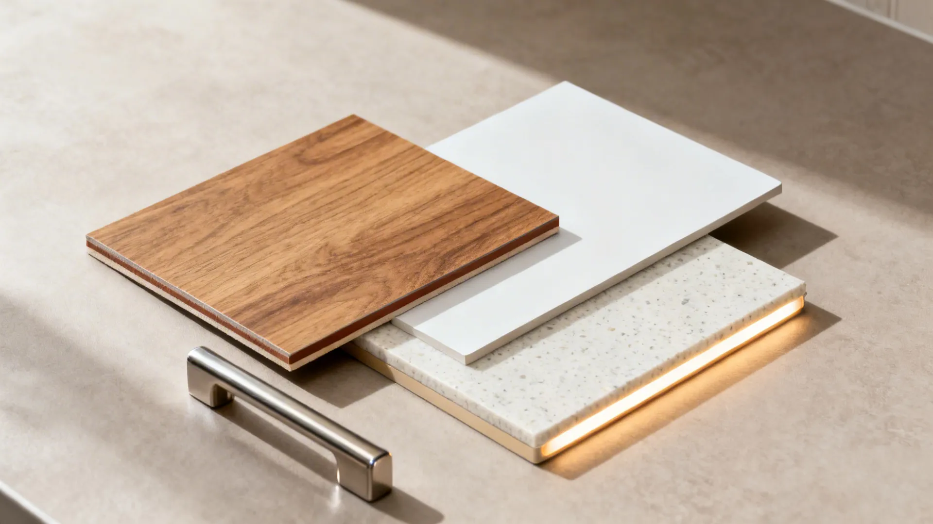Flat lay of oak-look laminate, matte white PET, quartz, and LED strip components.