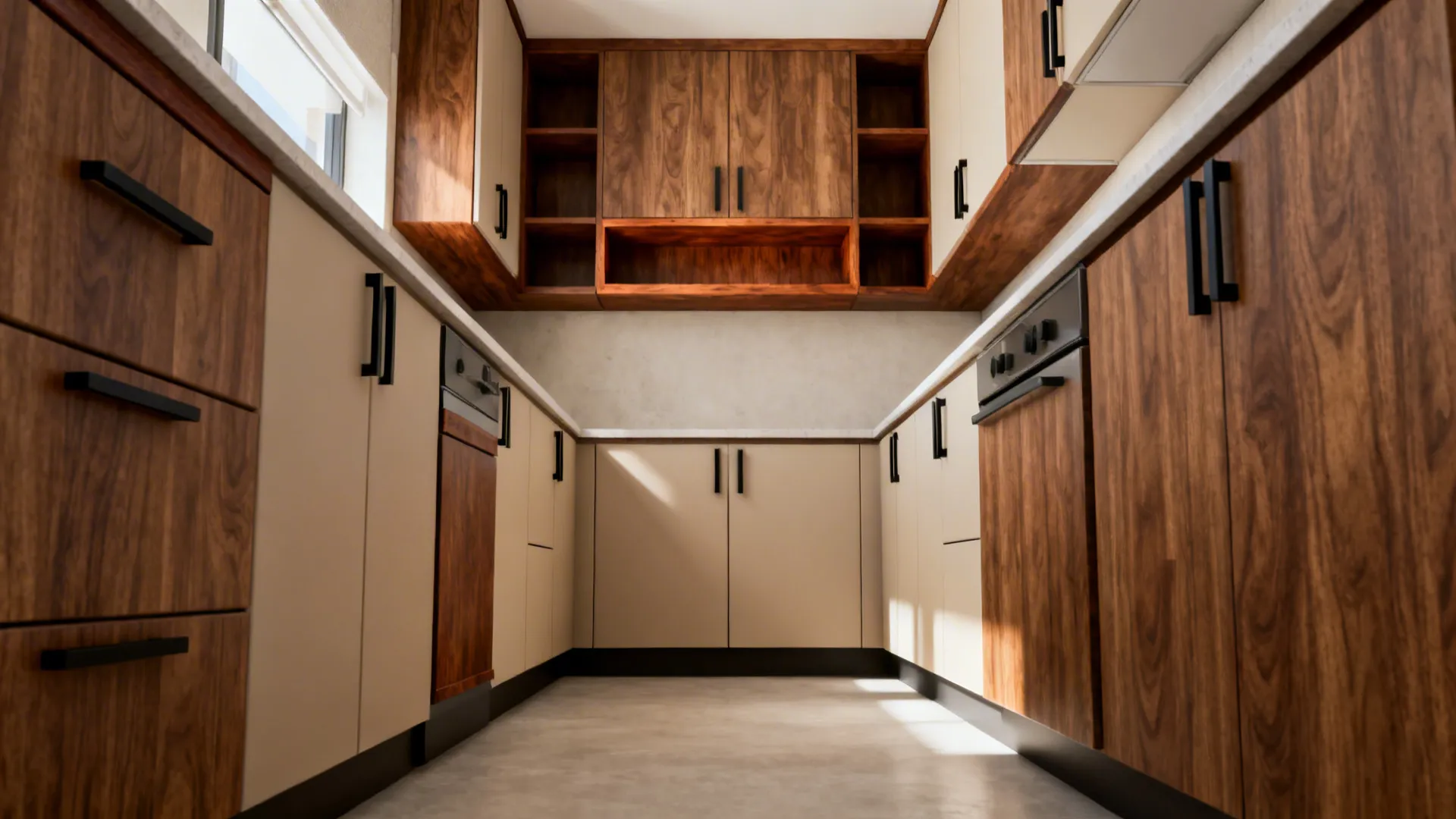 U-shaped kitchen with walnut-look melamine doors and real wood open shelf accents.