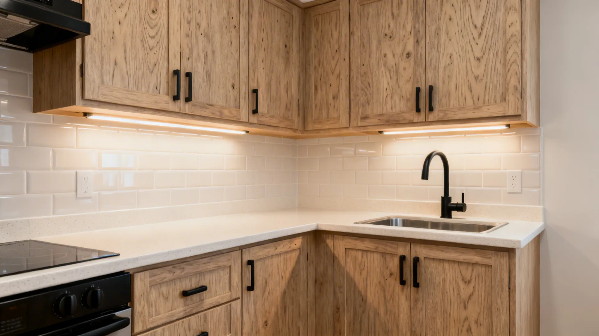 Compact kitchen with mid-tone ash wood-look mica cabinets and light quartz counters.