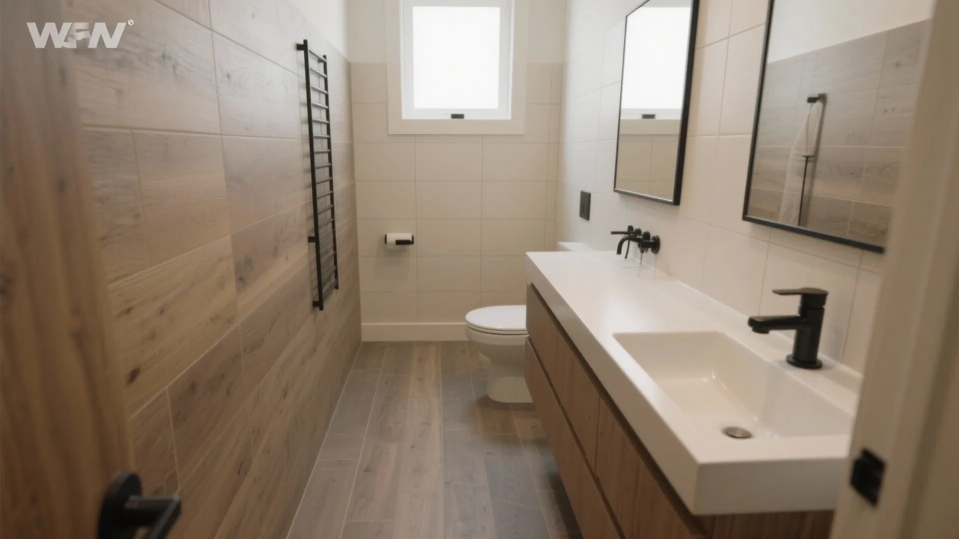 Warm Minimalism with Wood-Look Porcelain and Matte Fixtures
