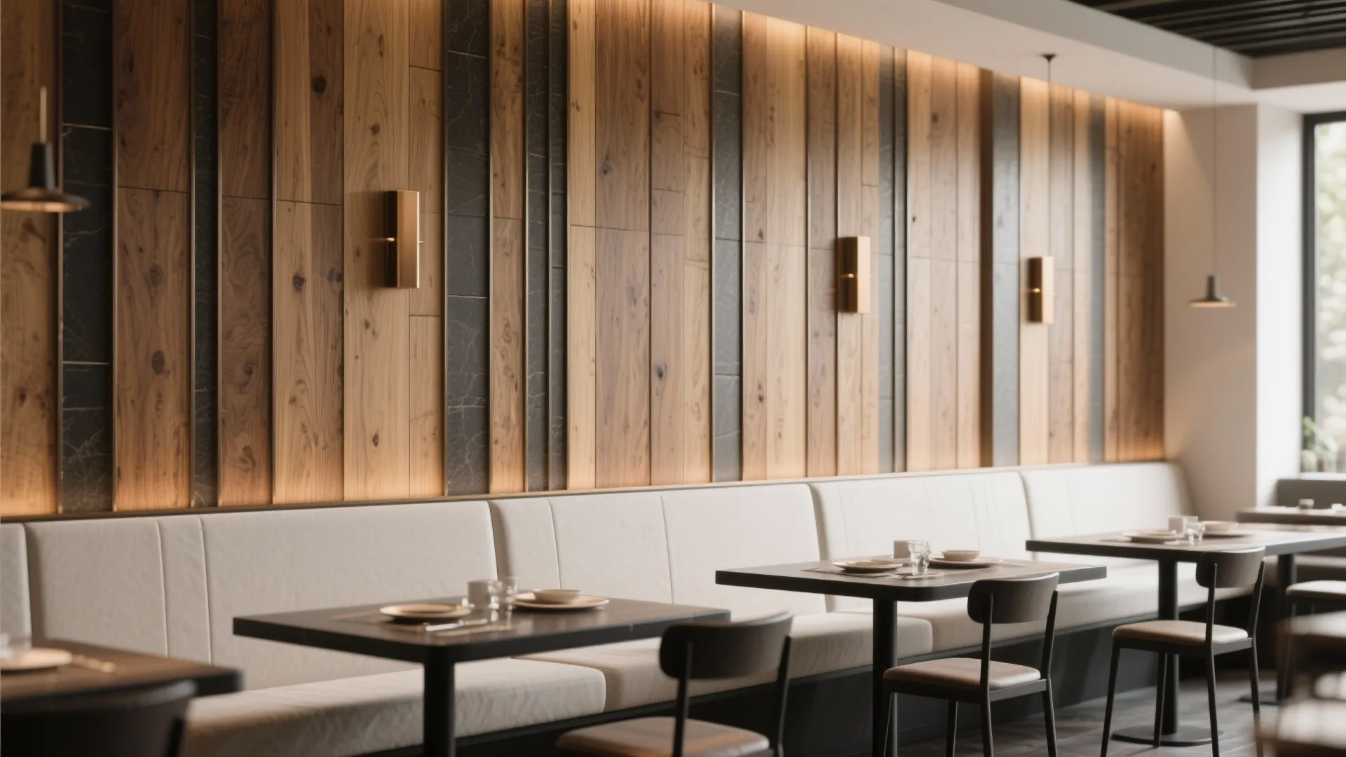 Modern restaurant dining area with wood wall panels white bench seating and dark wooden tables